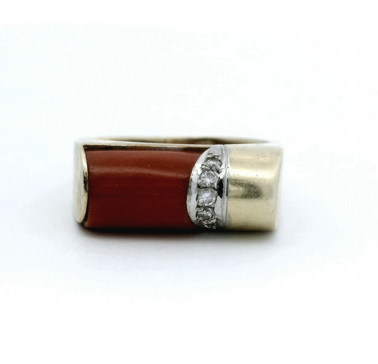 Vintage 14ct Gold Ring Coral Diamond Stones Signet Size H 14k Stamped 5.9g