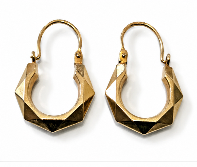 9ct Yellow Gold Creole Hoop Earrings Faceted Geometric Tapered Hallmarked 375