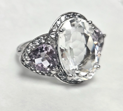 Sterling Silver Quartz Diamond Ring Size Q Stamped 925 Cocktail Statement 7.9g