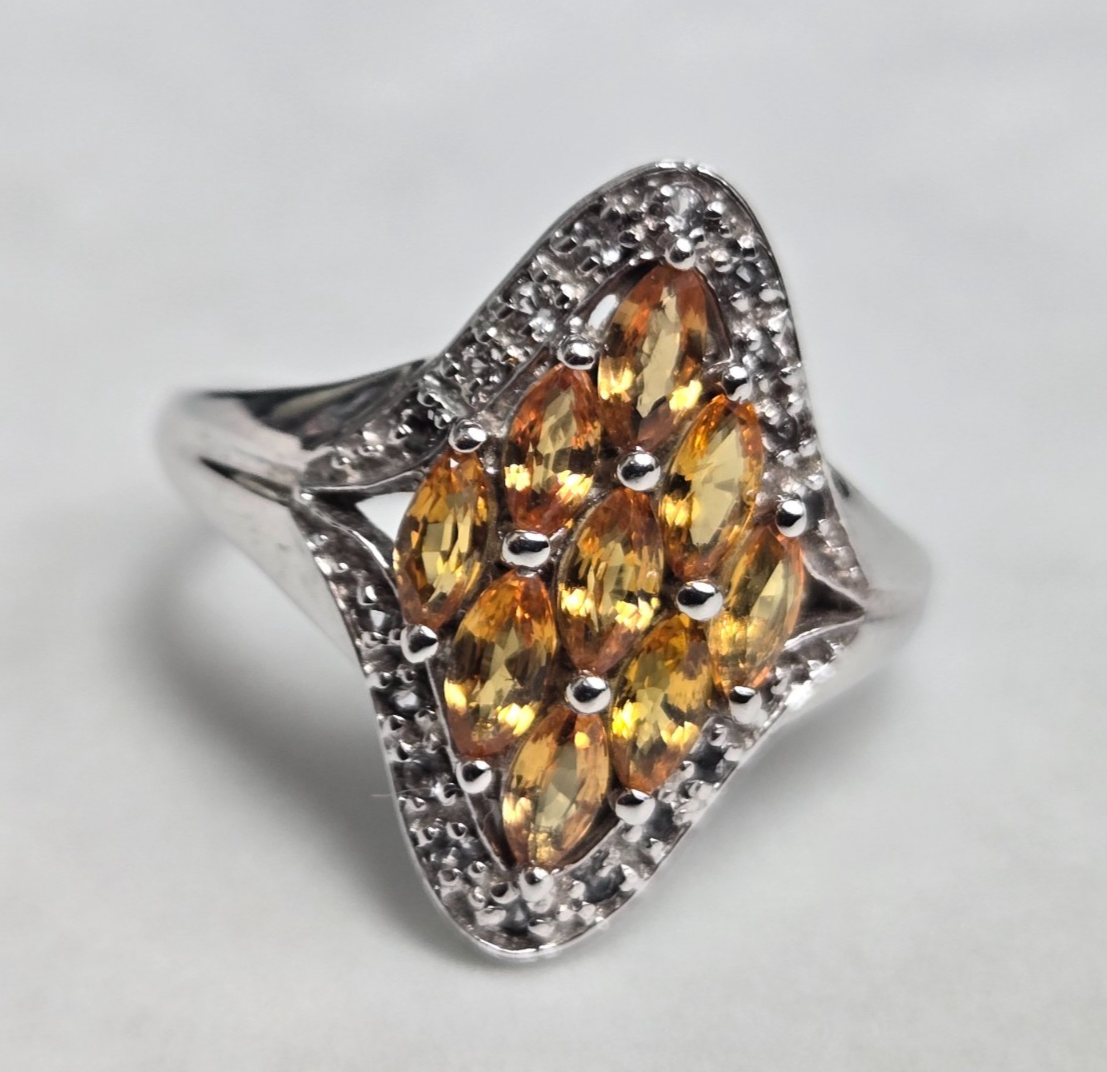 925 Sterling Silver Sapphire Topaz Ring Size R 1/2 Stamped Cluster Sept 5.7g