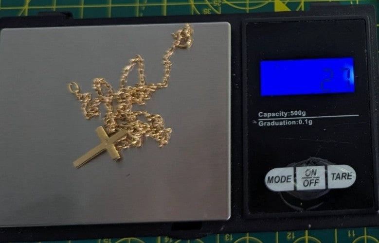 9ct Yellow Gold Cross Necklace Solid Gold Hallmarked 44cm Long Chain and Cross