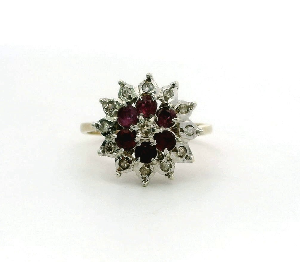 9ct Gold Ring Ruby & Diamond Cluster Hallmark Size N 1/2