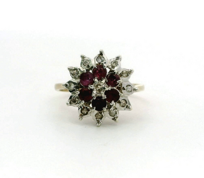 9ct Gold Ring Ruby & Diamond Cluster Hallmark Size N 1/2
