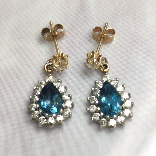 9ct Yellow Gold Dangle Earrings Topaz Stones Stamped Stem Butterfly Closures