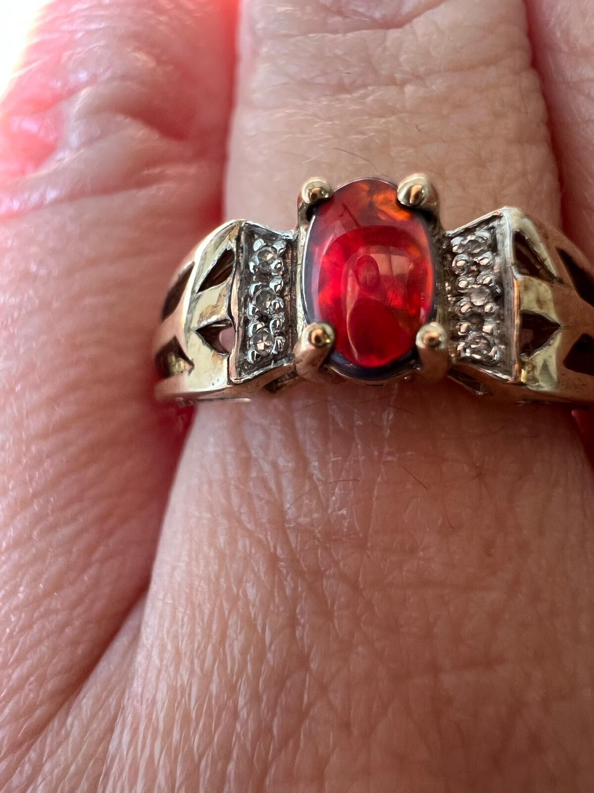 9ct Gold Ring Ammolite & Accented Diamond Iridescent Hallmark Size N 1/2