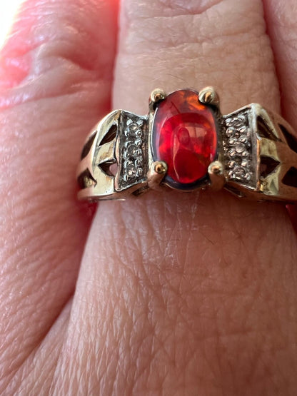 9ct Gold Ring Ammolite & Accented Diamond Iridescent Hallmark Size N 1/2