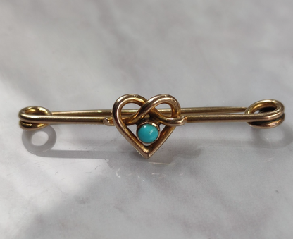 9ct Yellow Gold Heart Brooch Turquoise Stone Hallmarked Size 43mm x 10mm