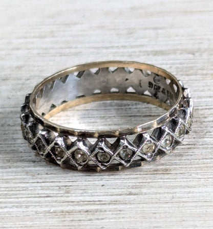 9ct Yellow Gold Silver CZ Full Eternity Ring Size P Hallmark Two Tone Band 2.8g
