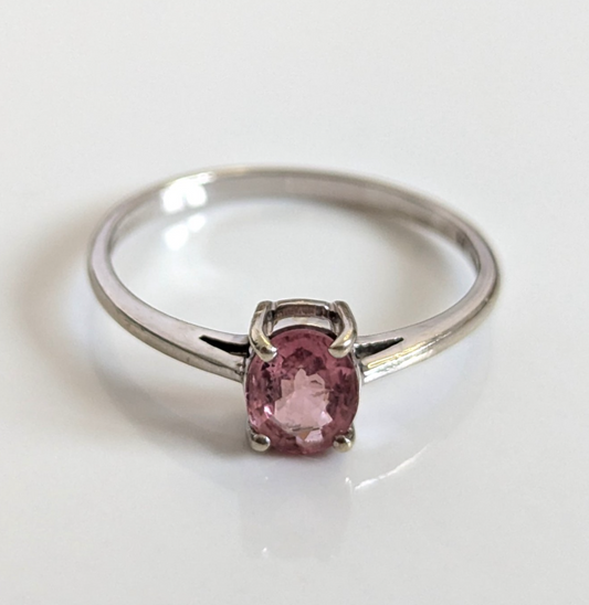 9ct White Gold Ring Pink Quartz Stone Solitaire UK Hallmarked Size N 1/2 1.2g