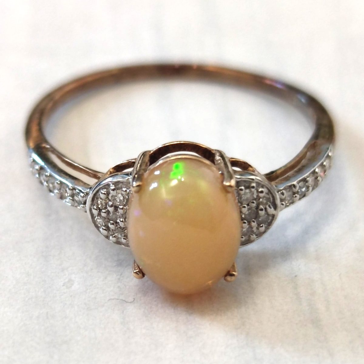 9ct Gold Oversized Statement Ring Opal Diamond Stones Size S 1/2 Hallmarked