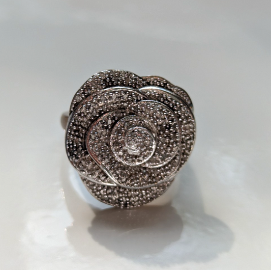 Gold on Silver Diamond Ring 925 Silver Sterling Cluster Flower Size P 1/2 April