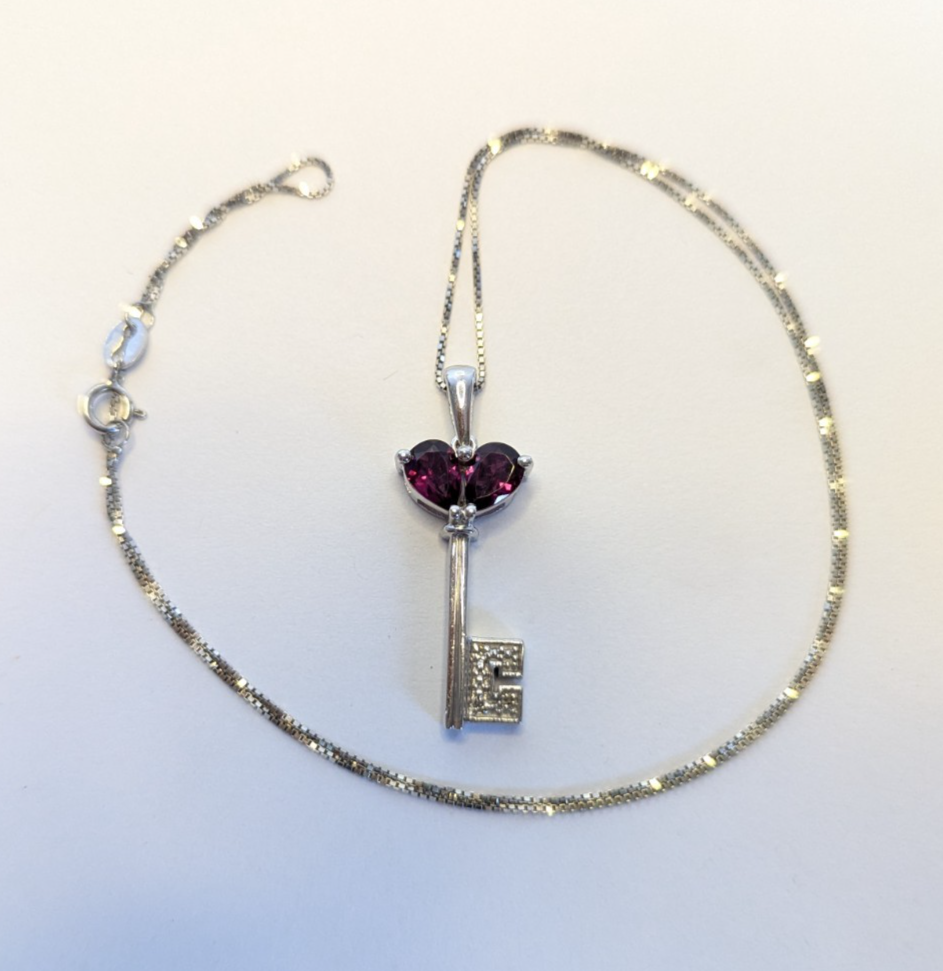 925 Sterling Silver Ruby Key Pendant Necklace Stamped Chain July Birthday 46cm