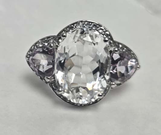 Sterling Silver Quartz Diamond Ring Size Q Stamped 925 Cocktail Statement 7.9g