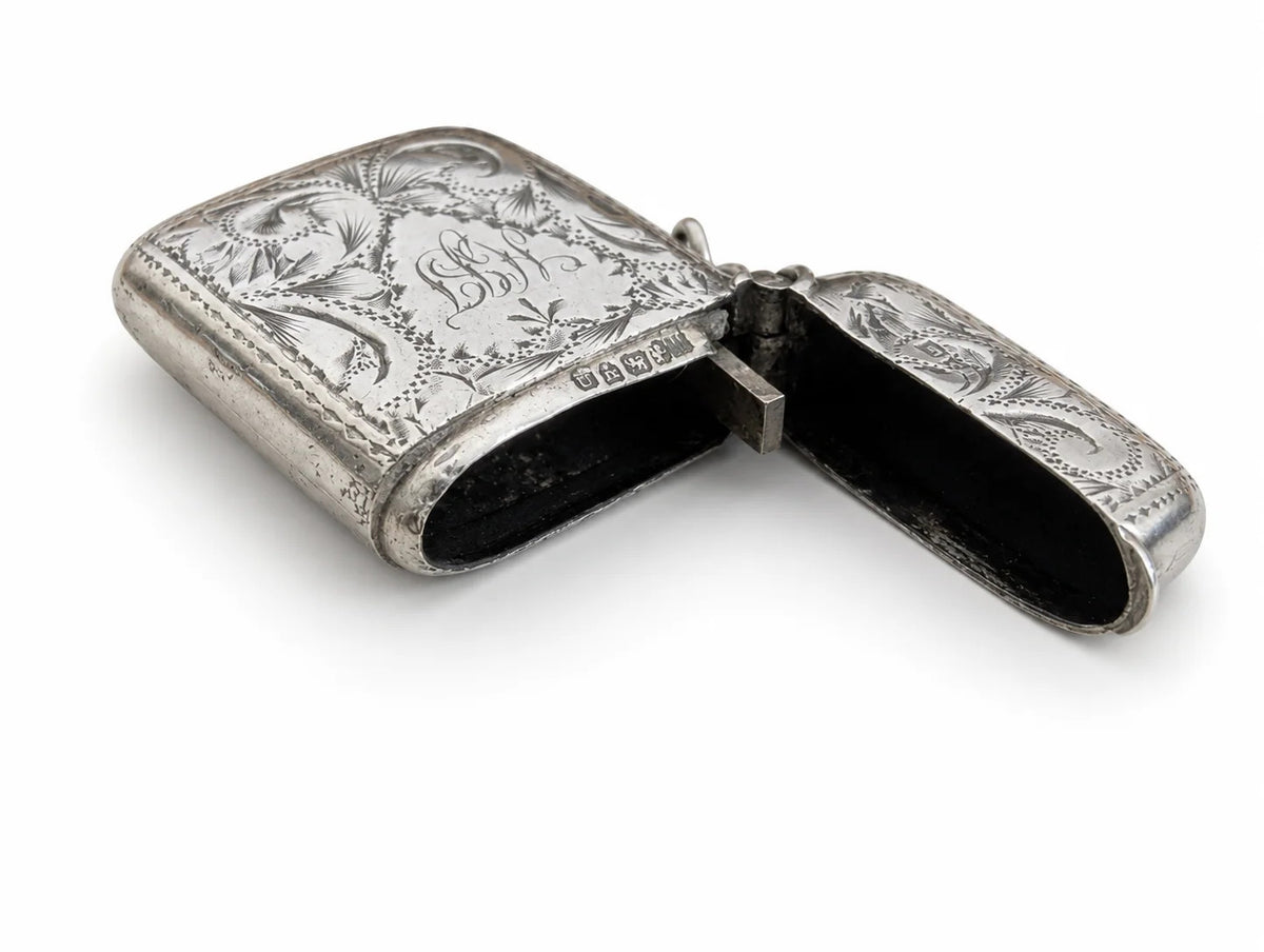 Antique 1902 Edwardian Sterling Silver Vesta Case Match Safe Chester Engraved 14