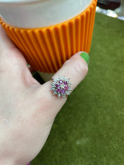 9ct Gold Ring Ruby & Diamond Cluster Hallmark Size N 1/2