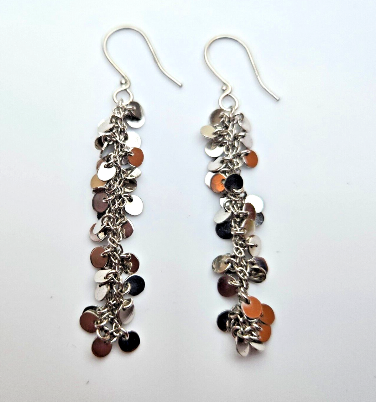 925 Sterling Silver Sequin Dangle Earrings Hallmarked Hook Drop Disc Statement