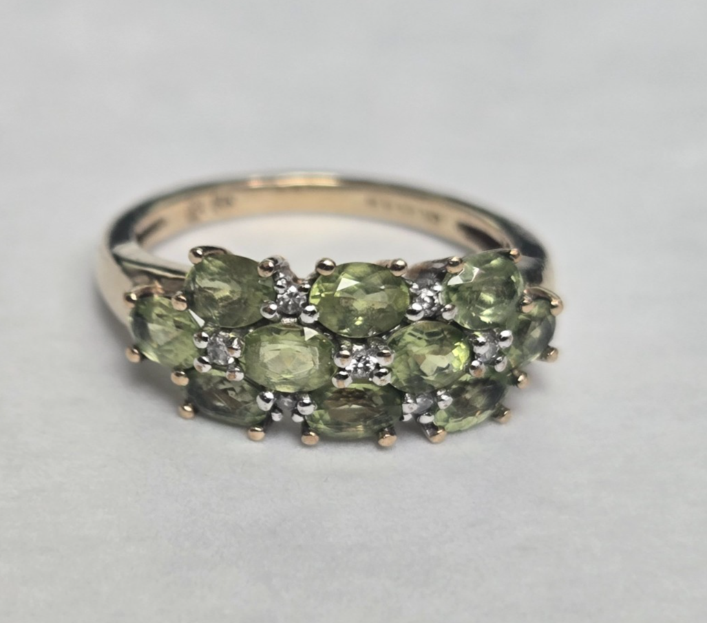 9ct Gold Peridot Diamond Ring Size M Hallmark 375 3 Row Cluster Aug 2.8g