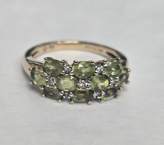 9ct Gold Peridot Diamond Ring Size M Hallmark 375 3 Row Cluster Aug 2.8g