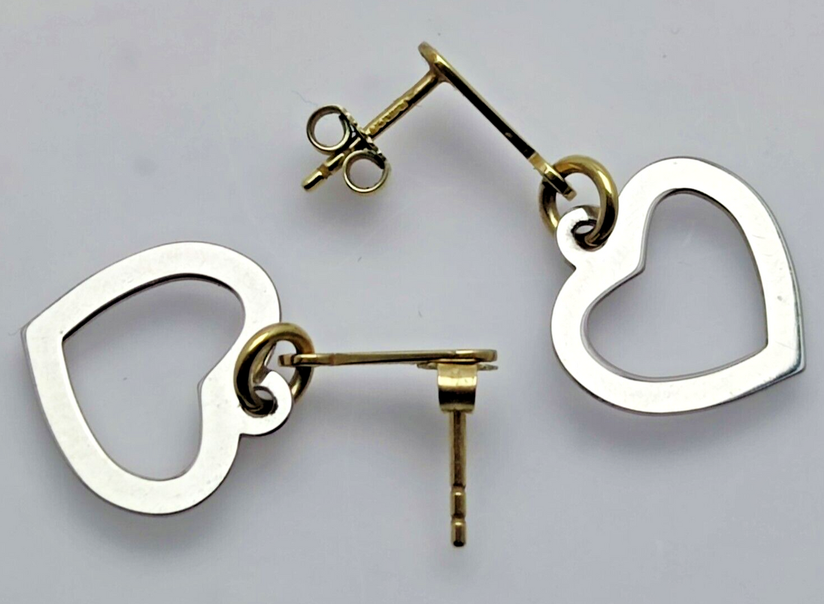 Heart Drop Earrings 9ct Gold Dangle Earrings Butterfly Backs Hallmarked 2.3g
