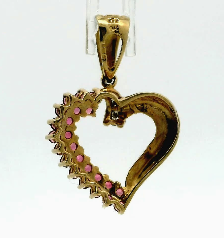 9ct Gold Heart Pendant Charm Tourmaline Diamond Stones Hallmarked 2.7g