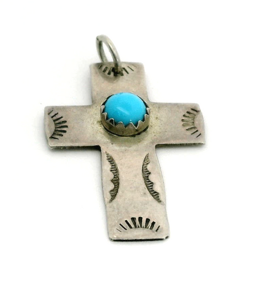Silver Cross Pendant Charm Turquoise Cabochon Gemstone 925 Stamped 1.3g