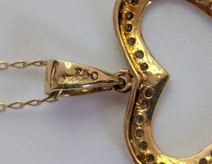 18ct Yellow Gold Necklace Diamond Stones Heart Pendant 50cm Long Hallmarked 2.3g