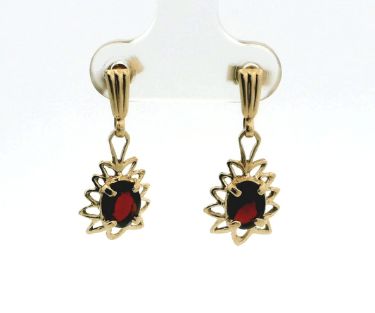 9ct Yellow Gold Garnet Drop Earrings Oval Red Gemstones Floral Openwork Design