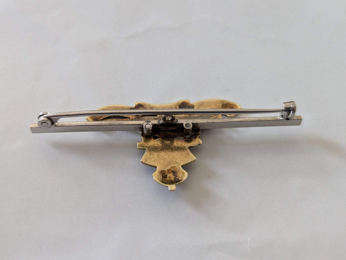 14ct Yellow Gold Tank Regiment Bar Brooch Enameled and Diamonds