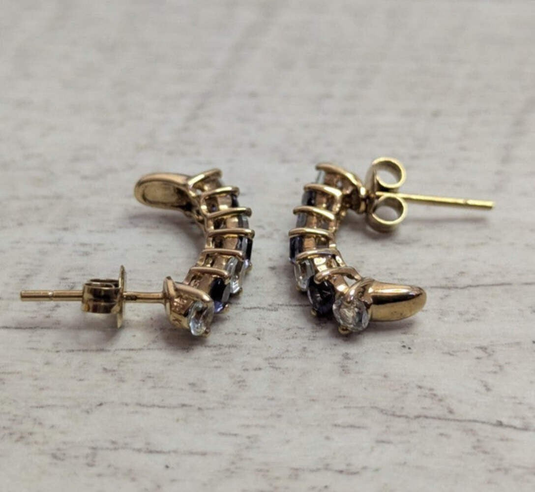 9ct Yellow Gold Tanzanite CZ J Hoop Earrings 17mm Stud Stamped 375 December 2.6g