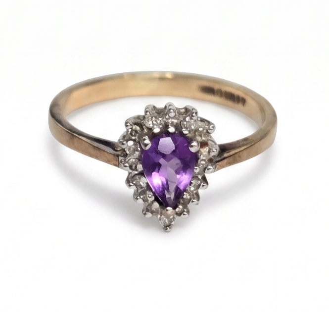 9ct Gold Amethyst Diamond Ring Size O Hallmark 375 Pear Teardrop Cluster