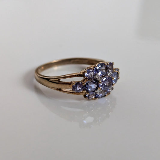 9ct Gold Ring Tanzanite and Diamond Solid Band Hallmark Size N 1/2