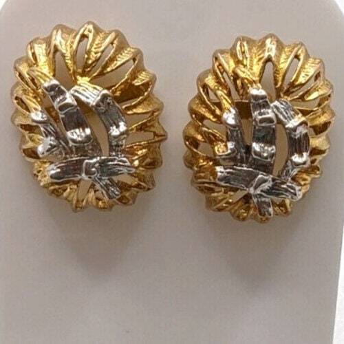 9ct Yellow White Gold Stud Earrings Two Tone Raised Textured Pattern Butterfly