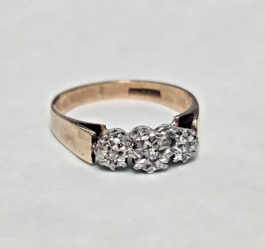 9ct Gold Ring Diamond Three Hallmark Size N Vintage
