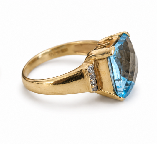9ct Gold Blue Topaz Diamond Ring Size O Hallmarked 375 November Cocktail