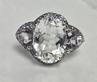 Sterling Silver Quartz Diamond Ring Size Q Stamped 925 Cocktail Statement 7.9g