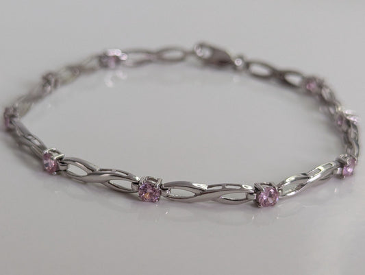 9ct White Gold Bracelet 9 Pink  Cubic Zirconia Stones Hallmarked 18cm Long