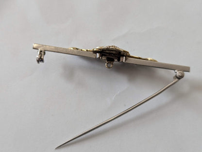 14ct Yellow Gold Tank Regiment Bar Brooch Enameled and Diamonds