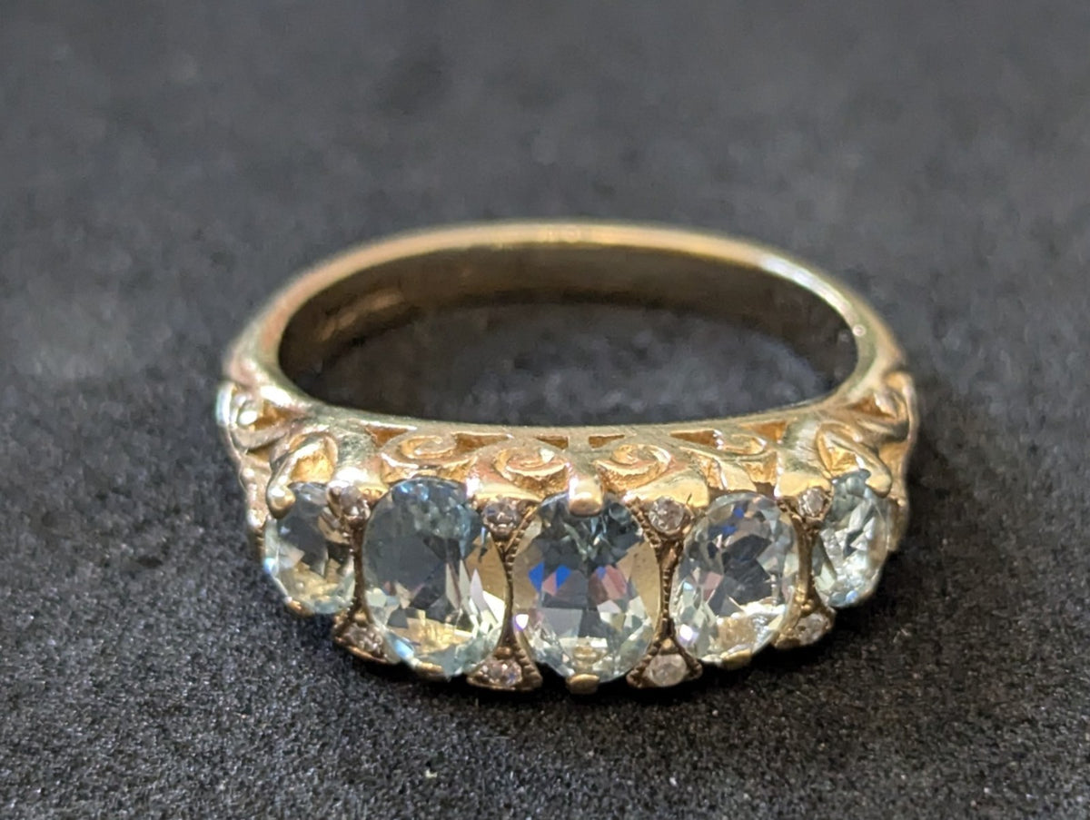 9ct Gold Ring Aquamarine and Diamond Sheffield Hallmark Size K 1/2