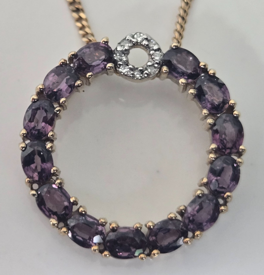 9ct Yellow Gold Round Pendant Round Amethyst and Diamond Stones UK Hallmarked