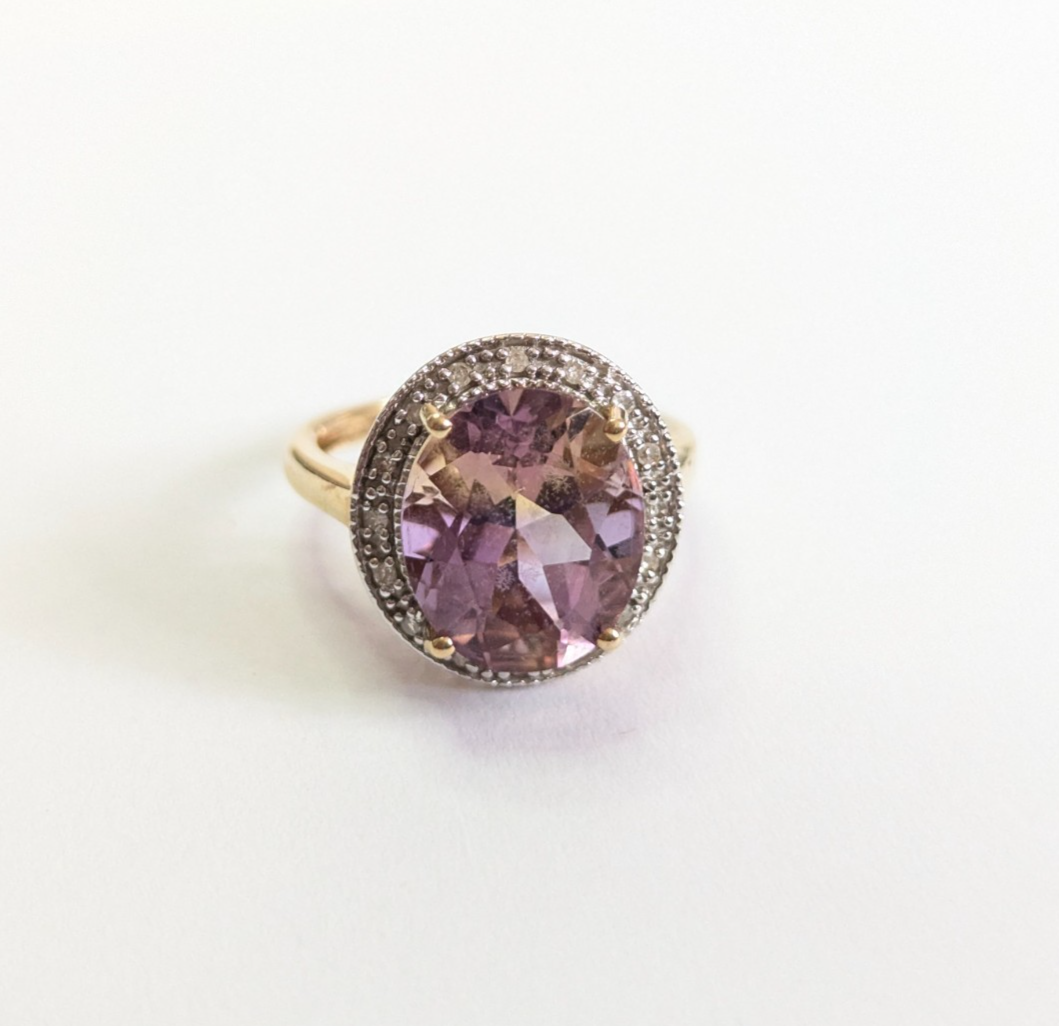 9ct Gold Ring Amethyst and Diamond Oval Cut Size K Hallmarked 4g