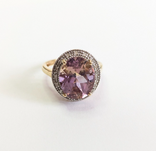 9ct Gold Ring Amethyst and Diamond Oval Cut Size K Hallmarked 4g