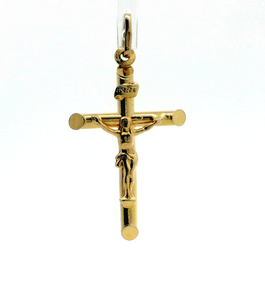 9ct Gold Crucifix Cross Pendant Tubular Pendant INRI Scroll UK Hallmarked 1.6g