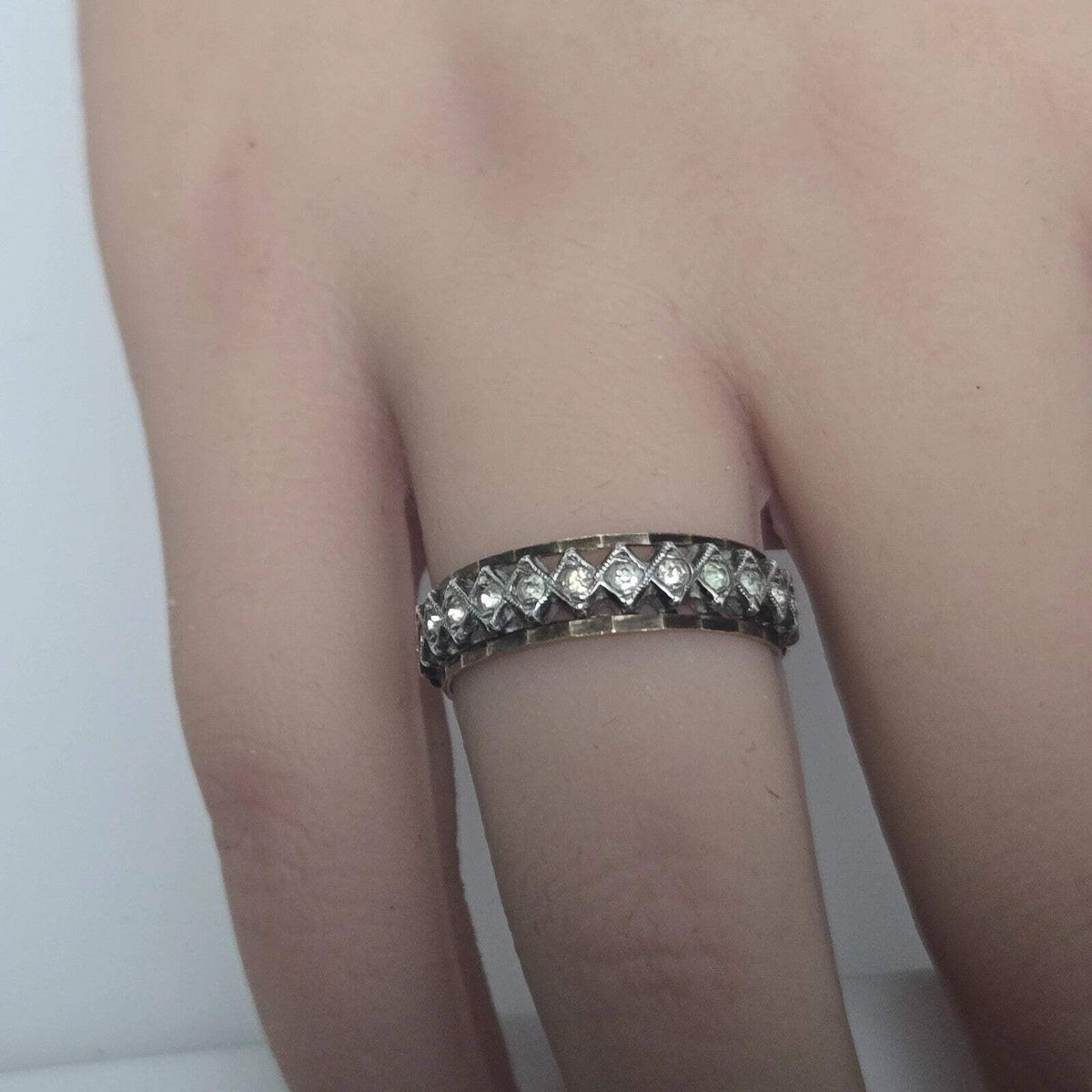 9ct Yellow Gold Silver CZ Full Eternity Ring Size P Hallmark Two Tone Band 2.8g