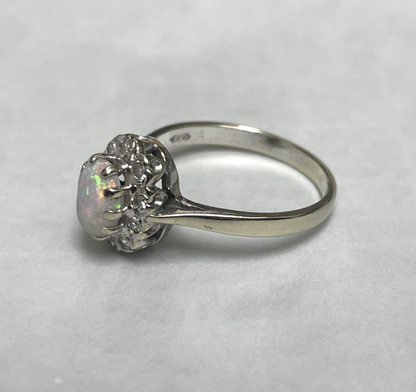 18ct White Gold Ring Opal and Diamond 1972 Hallmark Size N Vintage