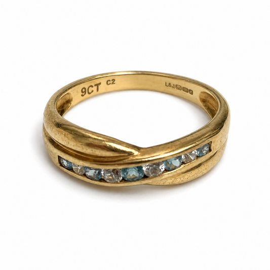 9ct Yellow Gold Ring Cubic Zirconia Stones UK Hallmarked Crossover Size L 2.6g