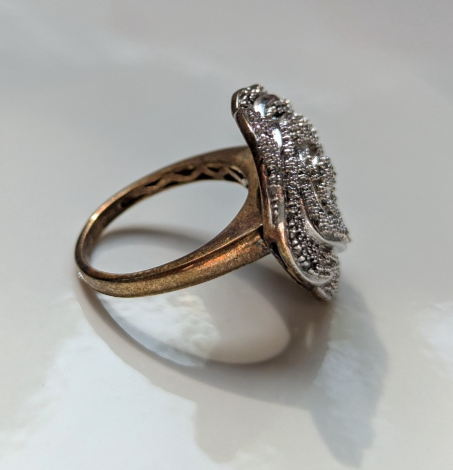 Gold on Silver Diamond Ring 925 Silver Sterling Cluster Flower Size P 1/2 April