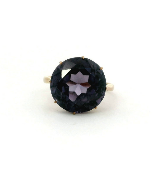 9ct Yellow Gold Round Purple Alexandrite Ring UK Size O 15x15mm 4.5g Stamped 9ct