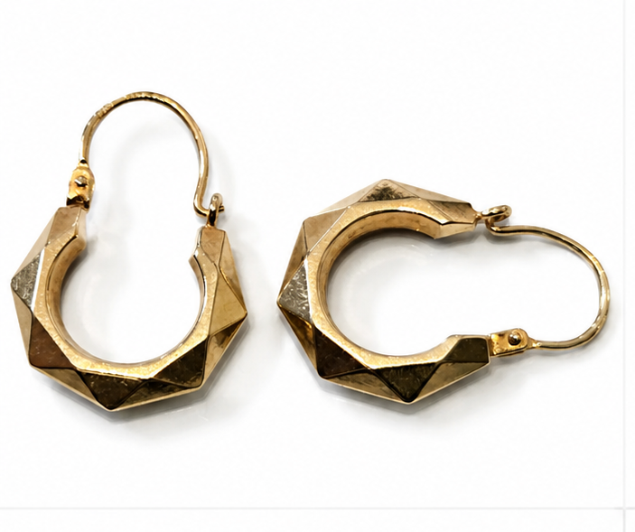 9ct Yellow Gold Creole Hoop Earrings Faceted Geometric Tapered Hallmarked 375
