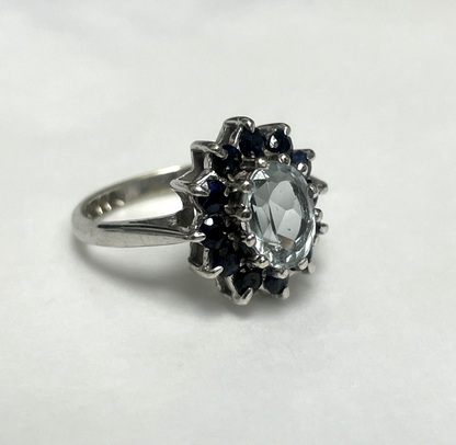 9ct Gold Ring Aquamarine and Sapphire Solid 375 Gold Hallmark Size K