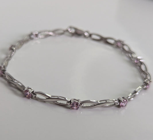9ct White Gold Bracelet 9 Pink  Cubic Zirconia Stones Hallmarked 18cm Long